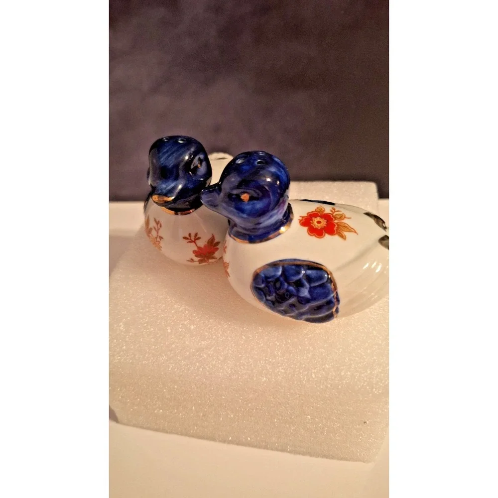 Vintage Blue & White/Gold Porcelain Ducks Salt & Pepper Shakers